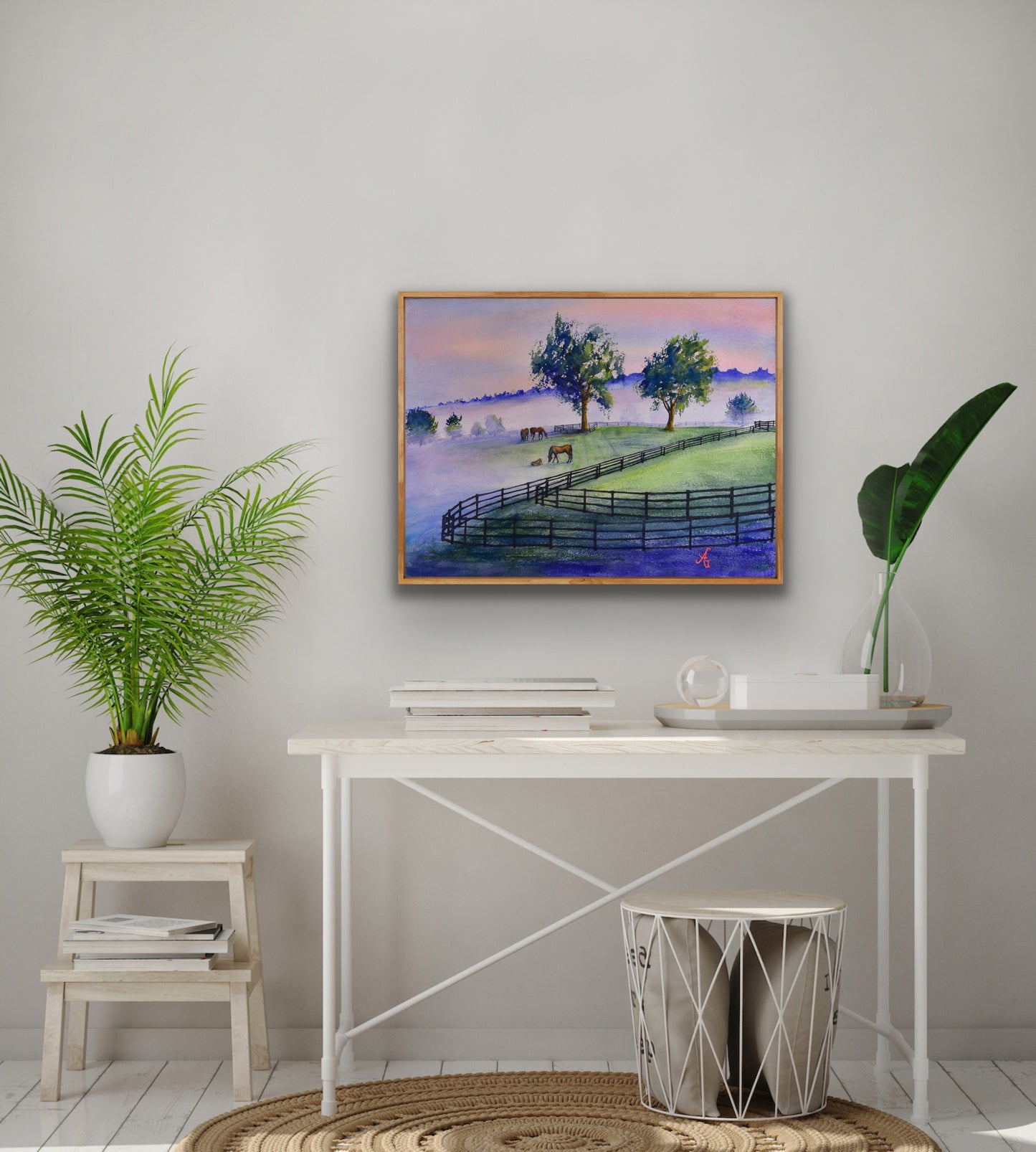 Misty Morning : A Serene Watercolor Horse Farm Print