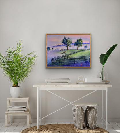 Misty Morning : A Serene Watercolor Horse Farm Print