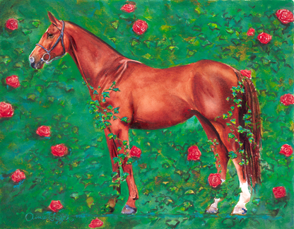 Painting of a chesnut horse surrounded by red roses on a green background